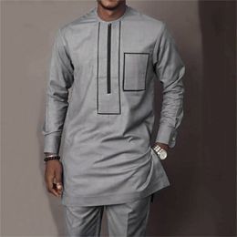 Men's Tracksuits Dashiki Men Set Grey Zippied Social Long Sleeve T-Shirt Pants 2 Piece Outfit Traditional Clothing Shirt Sweatpants Male M-4XL 220909