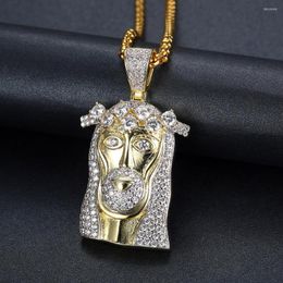 Pendant Necklaces Bling Iced Out Gold Color Masked Jesus Head Necklace Crystal Piece Jewelry