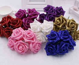 Faux Floral Greenery 50 pcsparty Glitter Powder Fabric PE Roses Fowers for Wedding Home Christmas Party Decoration Craft Handmade DIY Supplies J220906