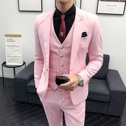 Men's Suits Blazers Mens Wedding Suits Slim Fit Pink White Blazer Vest Pants 3 Piece Set For Man Formal Business Casual Costume Party Dress Clothing 220909