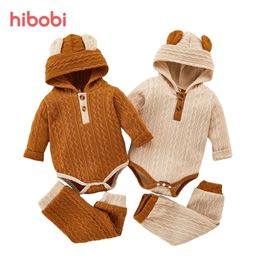 Rompers hibobi Baby Romper Colorblock Bearear Long Sleeve Knitted Unisex Romper 2Pcs Autumn Cotton Jumpsuit 318M 220909