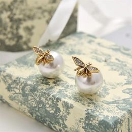 double sided stud earings Canada - Luxury Designer Brand Bees Stud Earrings Big Pearl Double Side S925 Silver Needle Retro Copper Ear Rings for Women Party Wedding Jewelr262O