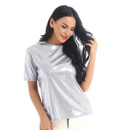 Women's Catsuit Costumes Tops Sparkly Shiny Reflective Metallic O Neck Short Sleeves Casual Loose Short Comfy Top Tee T-Shirt