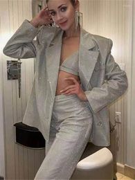 Women's Two Piece Pants Shiny Pant Suit Women Design Sexy Party Club Blazer Sets With Underwear Fashion 2022 Spring Female Coat And Straight