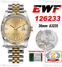 EWF Just 126233 A3235 Automatic Unisex Watch Mens Ladies 36 Two Tone YG Champagne Diamonds Dial JubileeSteel Bracelet Super Edition Same Series Card Puretime G7