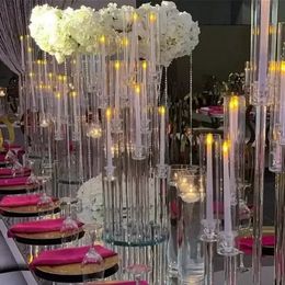 Decorazione per feste 10 bracci a gambo lungo moderno tubo acrilico trasparente uragano portacandele in cristallo centrotavola per matrimoni 907