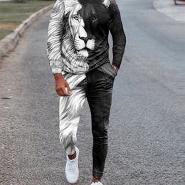 Men's Tracksuits Men's Long Sleeve T-Shirt Tracksuit 2 Piece 3D Printed Retro Black and White Lion King Style Oversized Tracksuit 220909