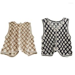 Women's Suits Loose Knit Sweater Vest For Women All-matching Plaid Tops Retro Sleeveless Cardigan Button-down V Neck Waistcoat In