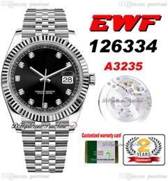 EWF Just 126334 A3235 Automatic Mens Watch 41mm Fluted Bezel Black Dial Diamonds Markers JubileeSteel Bracelet Super Edition Free Same Series Card Puretime D4