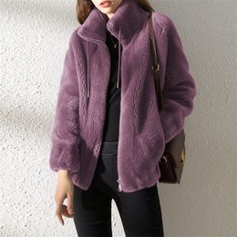 Women's Fur Faux Coats And Jackets Winter Thick Fleece Solid Turtleneck Jacket Blazer Warm Casual Zipper Coat Office Lady Veste Femme 220909