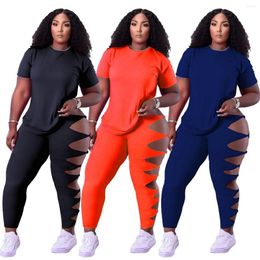 Women's Two Piece Pants Zaggin 2022 Autumn Women Solid 3-colors Knotted Ripped 2-Piece Set Sexy Lady O-neck Short Sleeve Long Pant Skinny