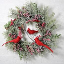Decorative Flowers Artificial Red Parrot Pine Cones Wreath Home Front Door Decoration Wall Hanging Garland For Christmas Party Day