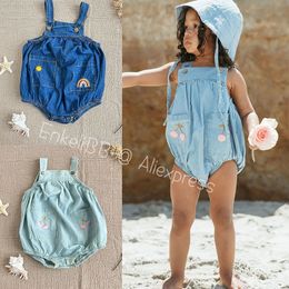 Overalls EnkeliBB Toddler Girl Denim Overalls Super Lovely Baby Girl Summer Soft Overall Light Blue and Blute Cherry Rainbow Embroidery 220909