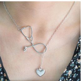 wholesale doctors gifts NZ - I Love You Heart Stethoscope Necklace Medical Jewelry Alloy Pendant Necklace for Nurse Doctor Gift Whole Silver Gold Black 3 C3251