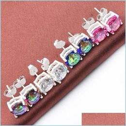 Stud Mix Colour 4Pairs /Lot Classic Round Fire Mystic Topaz Zirconia Stud Earrings Gems 925 Sier For Wedding Party Holiday Drop Delive Dhj60