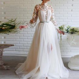 Runway Dresses Ivory Celebrity A-line High Neck Lantern Sleeves Organza Embroidery Sexy Famous Long Formal Red Carpet