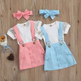 Clothing Sets 3pcs Born Infant Baby Girls Clothes Cute Cotton Soft Solid Colour Romper Tops Suspender Skirt Headband Outfits Suit