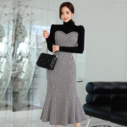 Casual Dresses Spring Fall Women Knitted Splicing Mermaid Dress Korean Vintgae Elegant Turtleneck Office OL Bodycon Party Female Vestidos