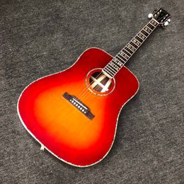 Custom Humming birds Acoustic Guitar Solid Spruce Top 3Pcs D Barrel in Sunset Red Colour