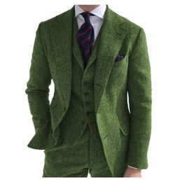 Men's Suits Blazers Suits 3 Pieces Green Wool Tweed Herringbone Business Retro Classic PatternTuxedos For Wedding Blazer Pants Vest 220909