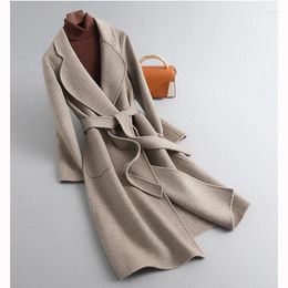 Women's Wool Women's & Blends Spring Women Woollen Coat Slim Belt Long Female Real Sleeve Jacket CoatWomen's