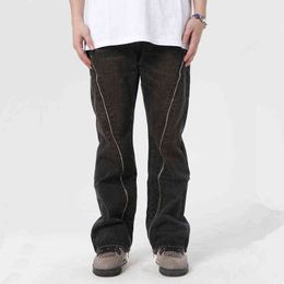 Men's Pants 2022 Ropa Front Zipper Vintage Washed Black Men Baggy Jeans Pants Straight Loose Hip Hop Streetwear Denim Trousers Pantnes T220909