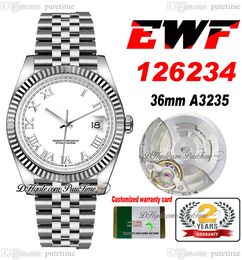 EWF Just 126234 A3235 Automatic Unisex Watch Mens Ladies 36mm Fluted Bezel White Silver Roman Dial JubileeSteel Bracelet Super Edition Same Series Card Puretime E5