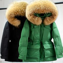 Women's Down Parkas Janveny Huge Real Raccoon Fur Hooded Women's Short Puffer Jacket Winter 90% Feather Duck Down Coat Female Waterproof Parkas 220909