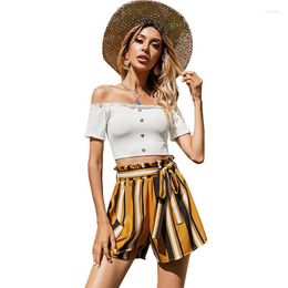 Women's Tracksuits Women's Summer Suit One-Shoulder Single-Breasted Short-Sleeved Striped High-Waist Shorts Set With Wooden Ears