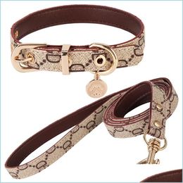 Dog Collars Leashes Designer Dog Collar Leashes Set Classic Plaid Leather Pet Leash No Pl Harness For Small Medium Dogs Cat Chihuahu