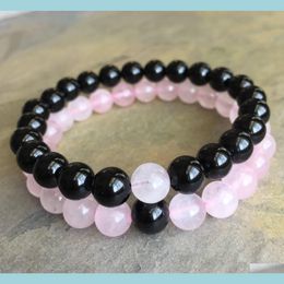 Beaded Strands Natural Stone 8Mm Black Onyx Bracelet 8Mm Rose Quartz Bracelet Gemstone Beads Elastic Gemstone Bracelet Gifts Drop D Dh1Ec