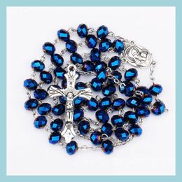 Beaded Necklaces Rosary Beaded Necklaces First Holy Christmas Communion Gifts Deep Blue Glass Beads Catholic Soil Medal And Crucifix Dhznu