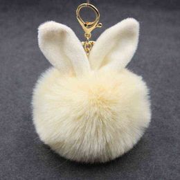 Keychains Cute Rabbit Ears Plush Ball Keychain Women Fashion Bag Car Pendant Key Ring Couple Jewelry Accessories Keyring T220909