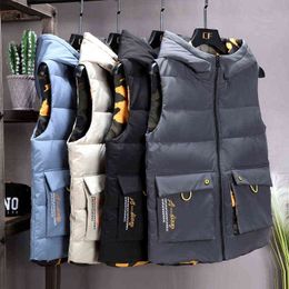 Men's Down Parkas Warm Vest Double-sided Sleeveless Jacket 2022 Winter Camouflage Hood pocket Insulated Waistcoat Plus Size Autumn Male Y22