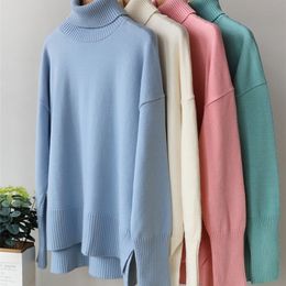 Women's Sweaters High Quality Oversize Turtlenecks for Women Autumn Vintage Beige Knitted Sweater with Side Split Soft Girls Warm Pullover Jumper 220909