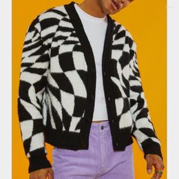 Men's Sweaters 2022 Fashion Brand Sweater Men Button Cardigan Irregular Checkerboard Long Sleeve Loose Knit Argyle Couple Cardigans Y2k