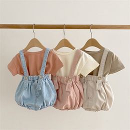 Overalls Baby Girl Infant Boy Cowboy Korean Japanese Romper Solid Short Sleeve T Shirt Toddler Girl Summer born Clothes Overalls 220909