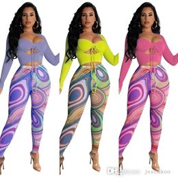 Fall Women Two Piece Pants Outfits Sexy Hollow Out Bandage Crop Top And Mesh Printed Leggings Matching Set