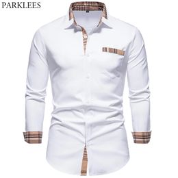 Men's Casual Shirts PARKLEES Autumn Plaid Patchwork Formal for Men Slim Long Sleeve White Button Up Shirt Dress Business Office Camisas 220909