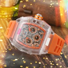 Mens Quartz Imported Movement Watch 43mm 5TM Waterproof Daydate Clock Multi-function Hollowed Out Design Rubber Strap Sports Style Luminous Layer wristwatches