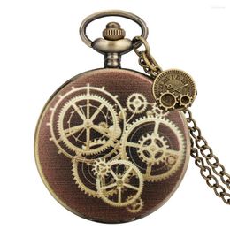 Pocket Watches Retro Bronze Men Women Quartz Watch Necklace Slim Chain Gear Cover Tag Vintage Personality Pendant Clock Exquisite Gift