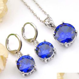 Earrings Necklace Antique Dazzling Round Fire Blue Cubic Zirconia Gems 925 Sterling Sier Pendants Necklace Drop Earrings Wedding Eng Dhdfq