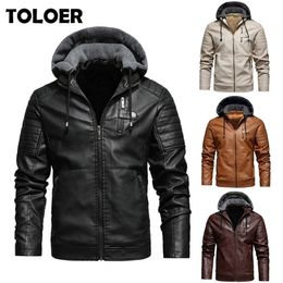 Mens Leather Faux Leather Mens Fleece Liner PU Leather Jackets Coats with Hood Autumn Winter Casual Motorcycle Jacket For Men Windbreaker Biker Jackets 220909