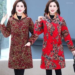 Women's Trench Coats Winter Mother Clothing Plus Velvet Thick Print Jacket Loose Warm Long Snow Outerwear Parkas Hooded Female Cotton Coat