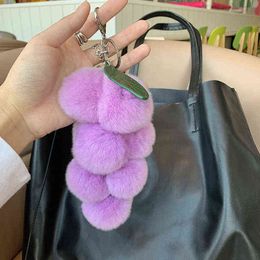 Keychains Fruit series grape keychain real hair super big rex rabbit fur ball bag pendant plush car keychain bag ornament T220909