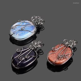 Pendant Necklaces FYJS Unique 10 Pcs Silver Plated Wire Wrap Oval Shape Blue Sand Stone Opalite Opal Jewelry