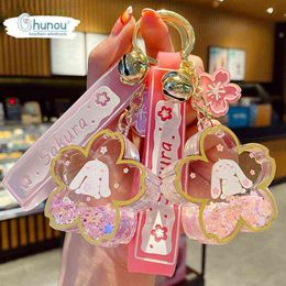 Keychains Cartoon Cute Cherry Blossom Bunny Keychain Luxury Floating Moving Liquid Quicksand Key Ring for Women Car Bag Pendant Wholesale T220909