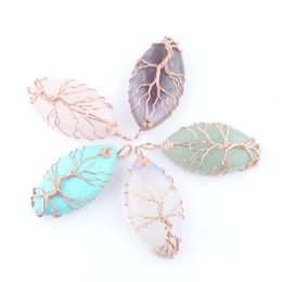 Pendant Necklaces Natural Gemstone Tree Of Life Pendants Rose Gold Copper Wire Wrap Marquise Shape Stone Beads Jewellery Turquoises Pur Dhyiz