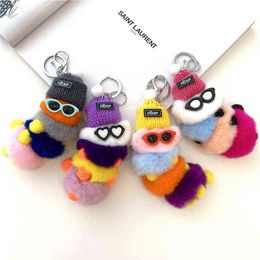 Keychains Keychain on The Backpack Fashion Rex Rabbit Fur Caterpillar Bag Key Ring Cute Plush Insect Car Key Chains Pendant T220918