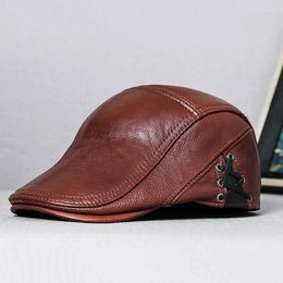 Berets Real Man'S Leather Beret Caps Winter Autumn Male Cowhide Visors Hats Cap Fashion Bandage Casquette Flat Hat For Men